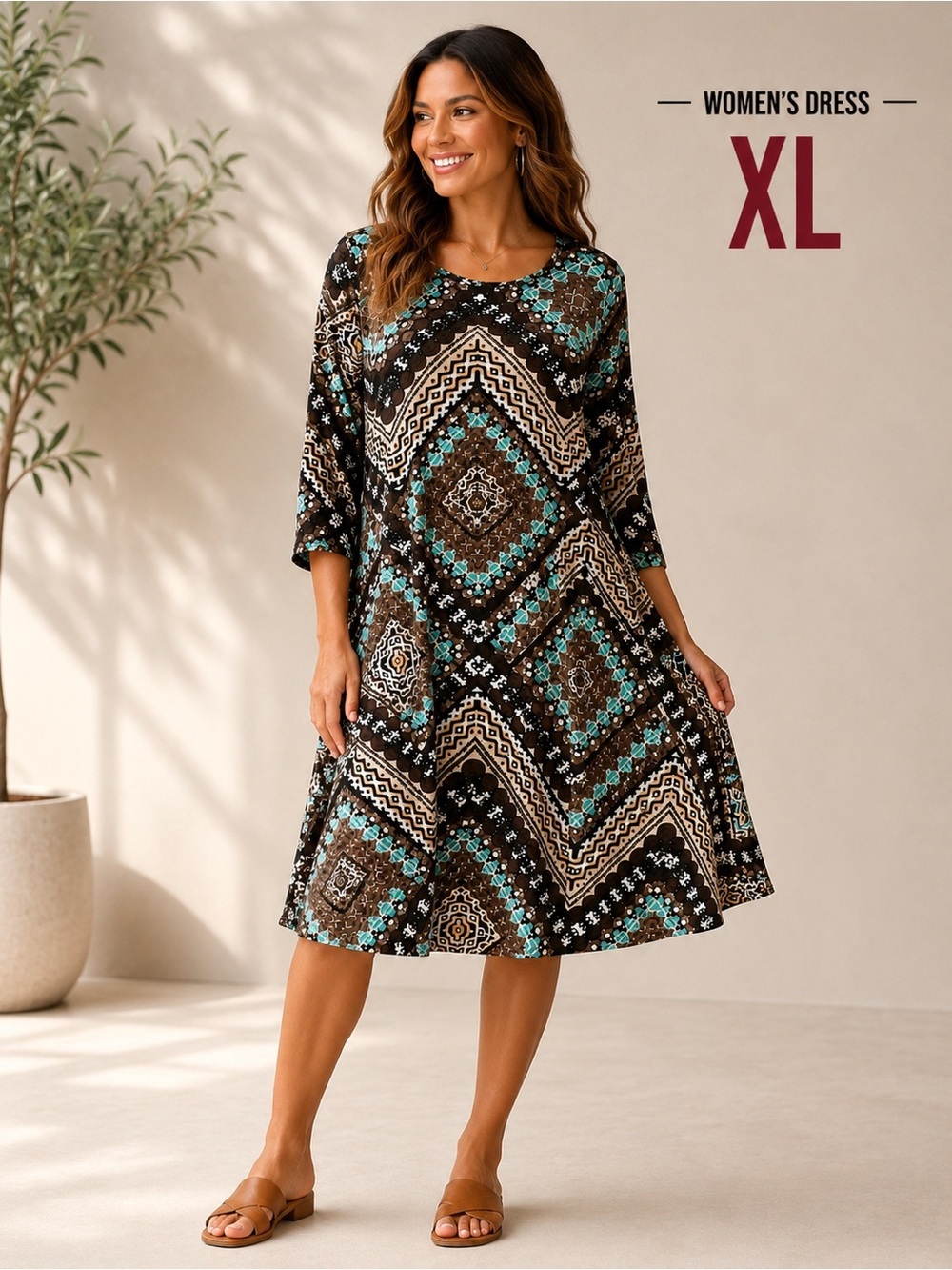 Southern stitch Brown & Teal Geometric Print Tunic Dress Pit 19”
Length 35”